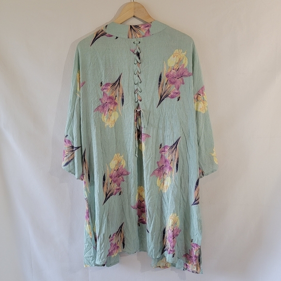 NEW KORI Blue Floral Kimono Top Sz L Back Lace-Up Open Front Beachy Cottagecore - Picture 2 of 12